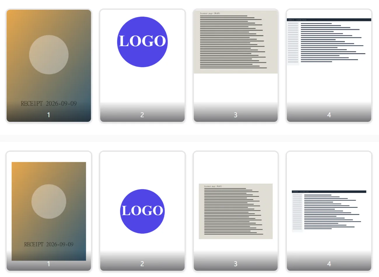 Two sets of page thumbnails: the top row “Fit image”, each page with the proportions of its image; the bottom row “A4 portrait · 36 pt margin”, four images scaled down and centred on identical portrait pages
